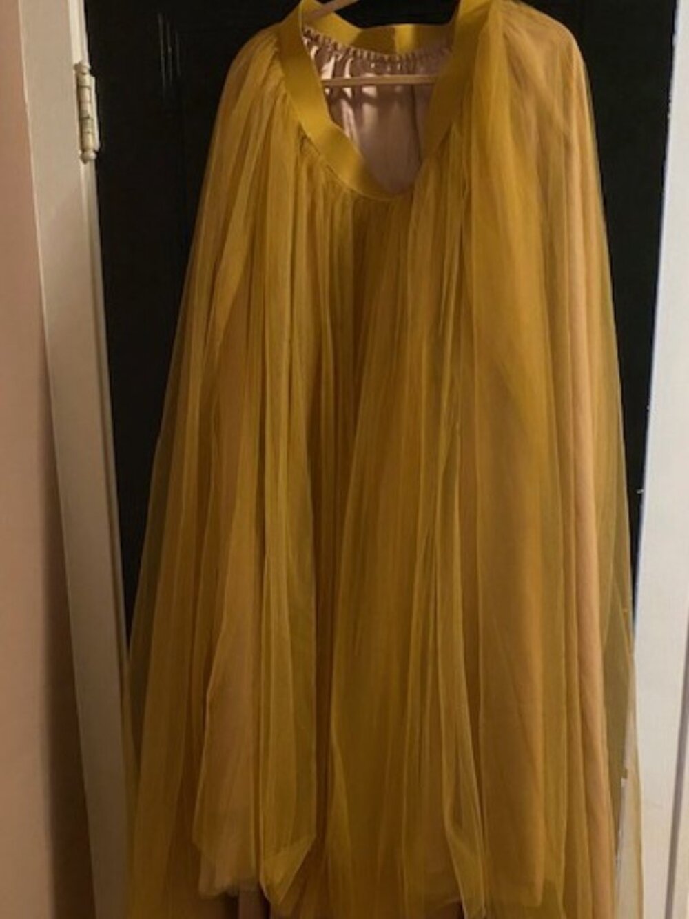 Mustard colored tulle skirt with train